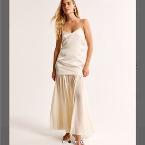 Mixed fabric drop waist ivory satin dress with v back